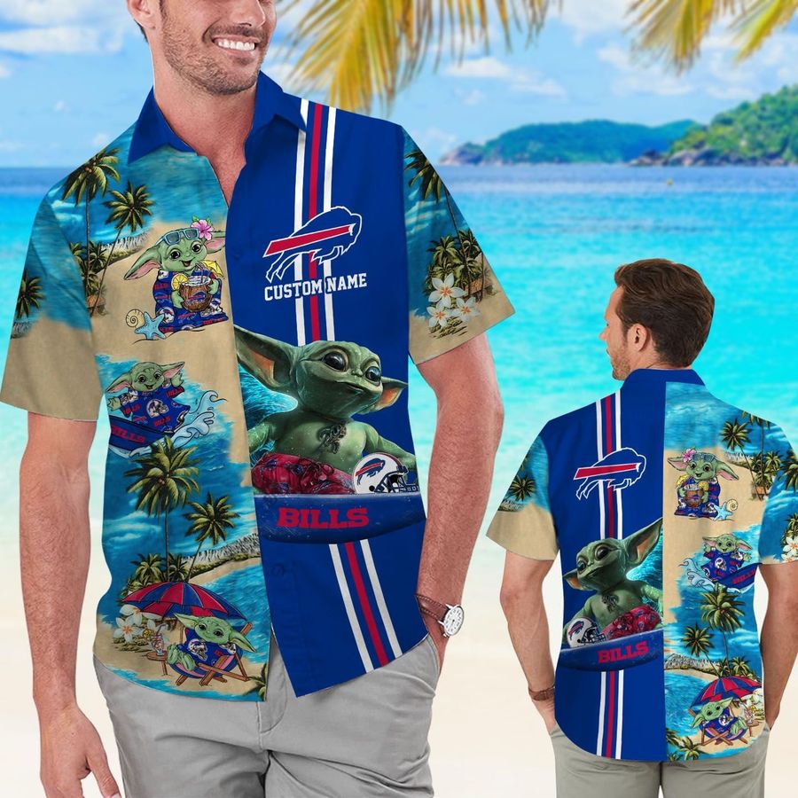 Buffalo Bills Baby Yoda Custom Name Short Sleeve Button Up Tropical Aloha Hawaiian Shirts For Men Women