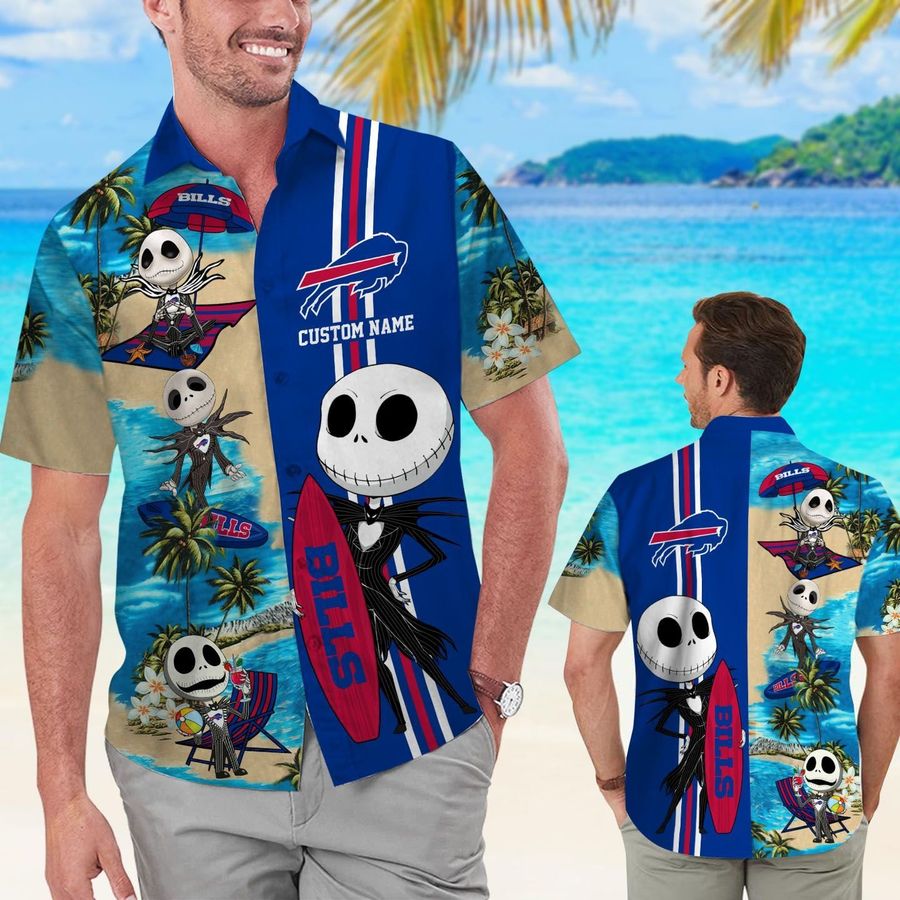 Buffalo Bills Jack Skellington Custom Name Short Sleeve Button Up Tropical Aloha Hawaiian Shirts For Men Women
