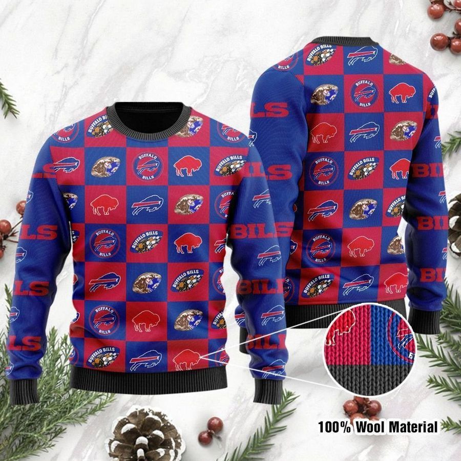 Buffalo Bills Logo Checkered Flannel Design Ugly Christmas Sweater Ugly