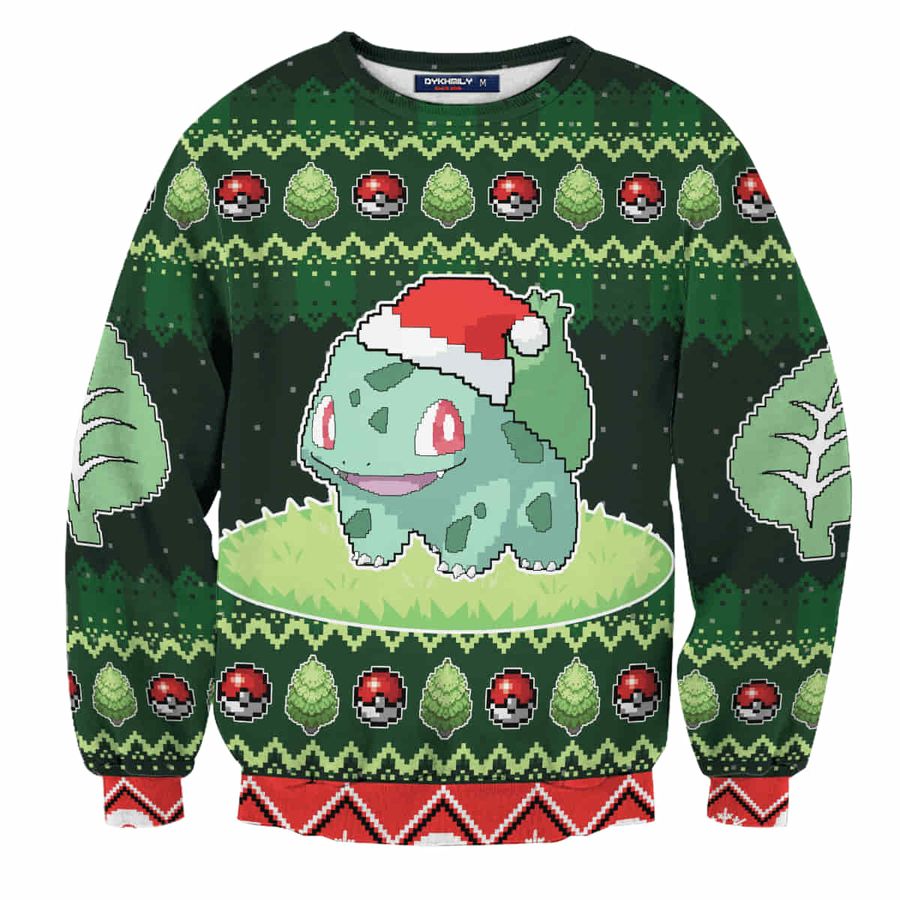 Surrey Kruiden Terug, terug, terug deel Bulbasaur Wool Knitted Sweater, Christmas Pokemon 3D Sweater