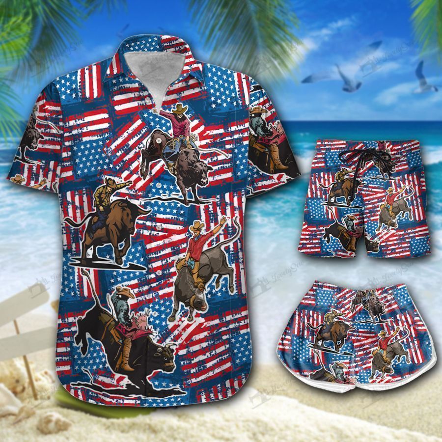 Bull Riding American Flag Hawaiian Shirt and Men-Women  
