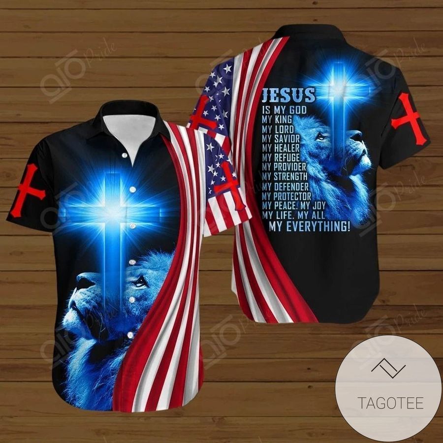 Buy Hawaiian Jesus Is My Everything American Flag Short Sleeve Linen Button Down Shirt