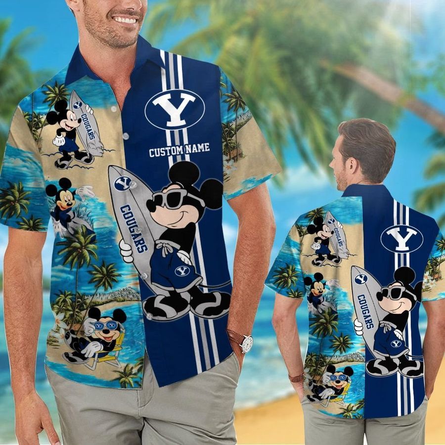 Byu Cougars Mickey Custom Name Short Sleeve Button Up Tropical Aloha Hawaiian Shirts For Men Women Brigham Young University