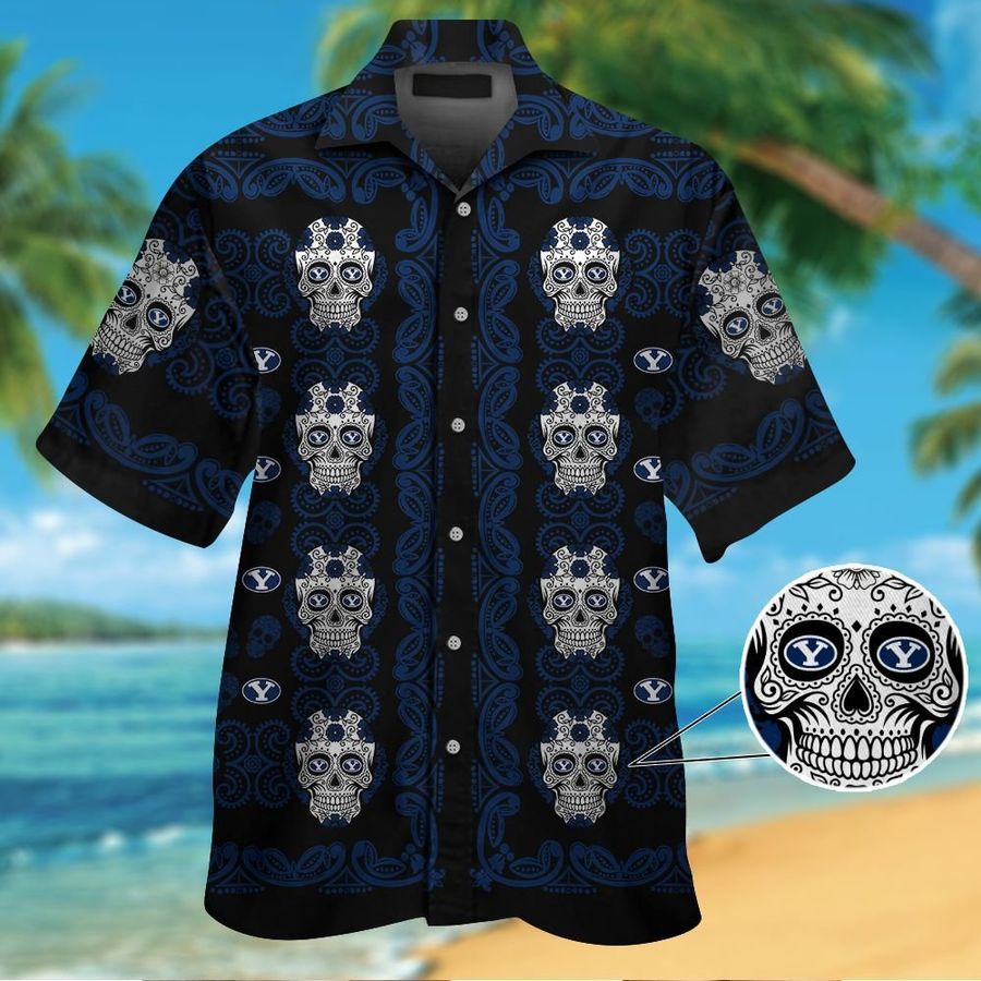 Byu Cougarsskull Short Sleeve Button Up Tropical Aloha Hawaiian Shirts For Men Women