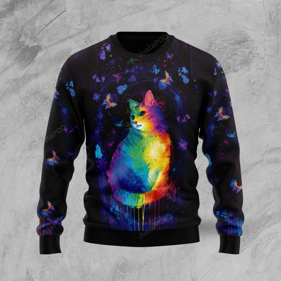 Cat Butterflies Colorful Ugly Christmas Sweater, All Over Print Sweatshirt, Ugly Sweater, Christmas Sweaters, Hoodie, Sweater