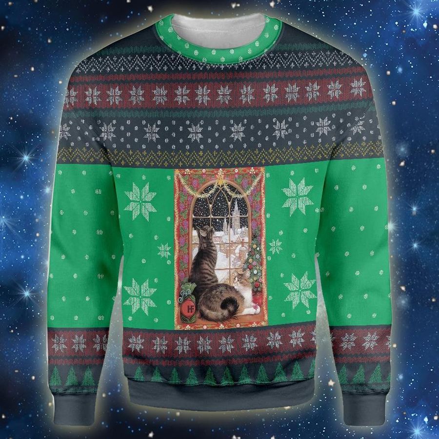 Cat Christmas Snow Window Ugly Sweater