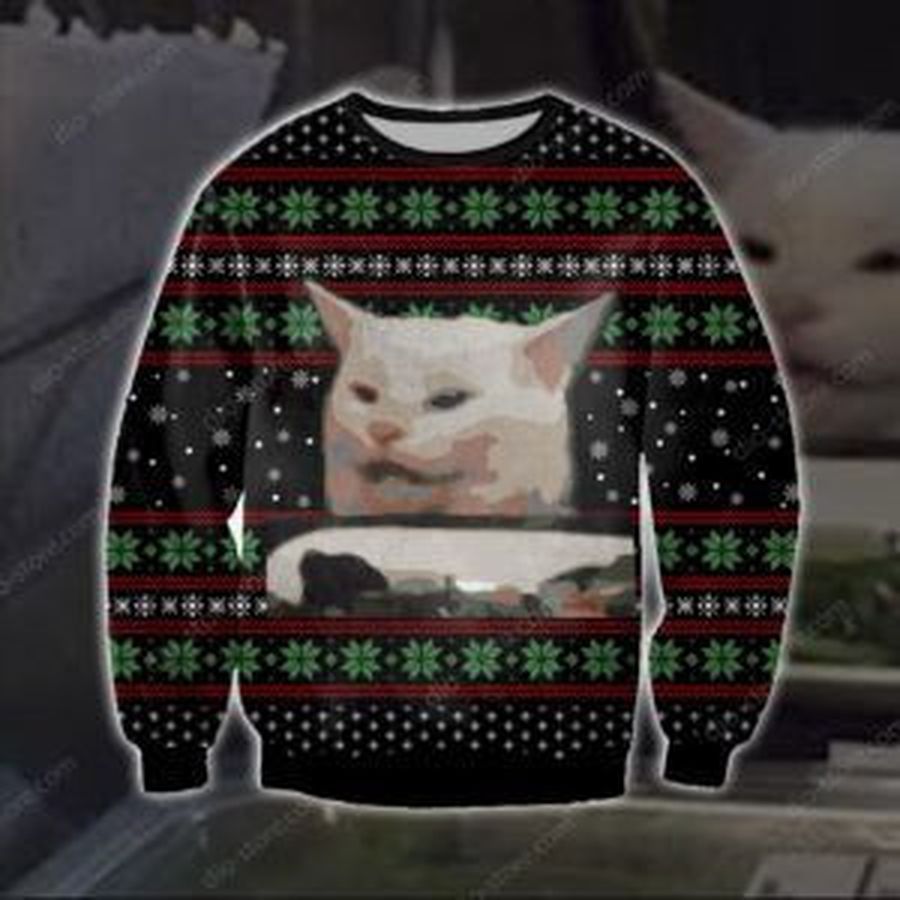Cat Getting Yelled At Knitting Ugly Christmas Sweater All Over
