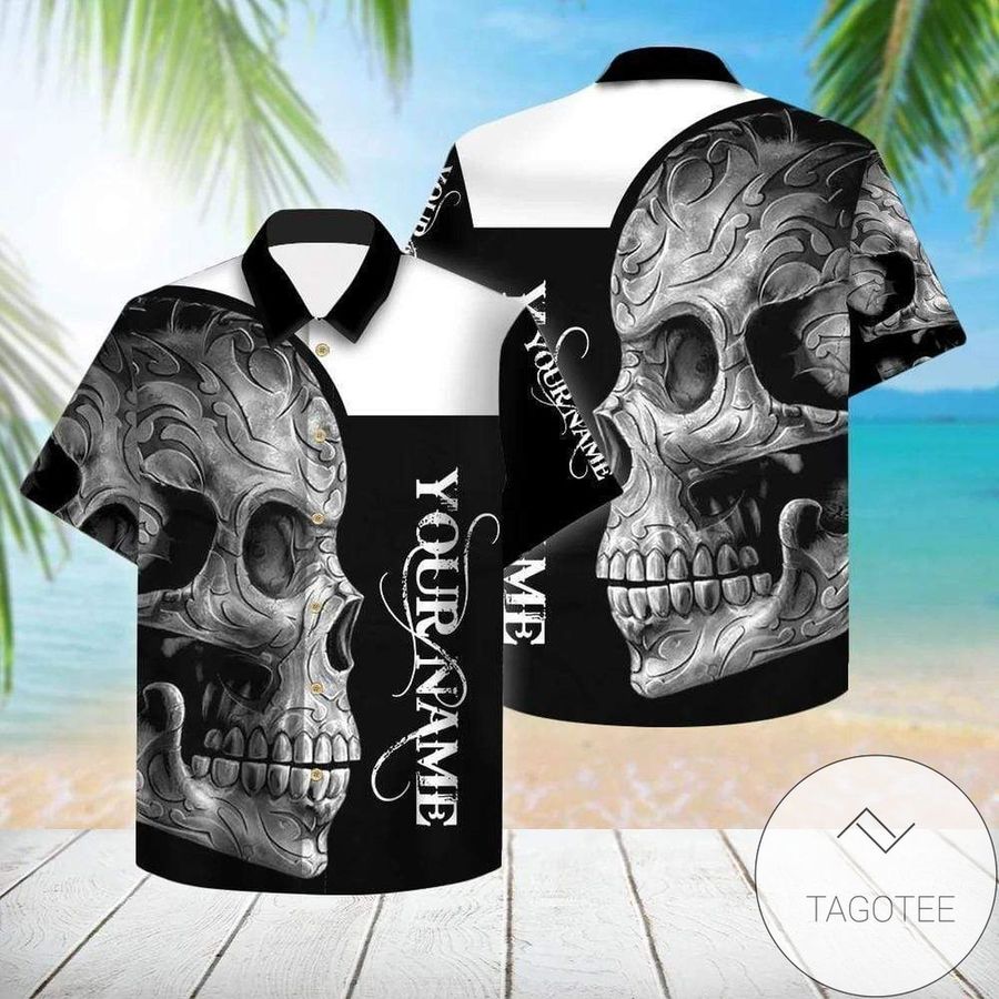 Check Out This Awesome Custom Name Black And White Skull Unisex Hawaiian Aloha Shirts