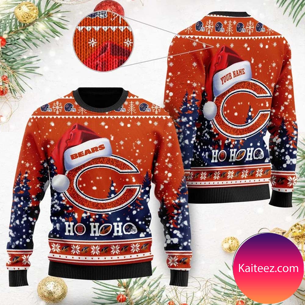 Chicago Bears Symbol Wearing Santa Claus Hat Ho Ho Ho Custom Personalized Christmas Ugly Sweater