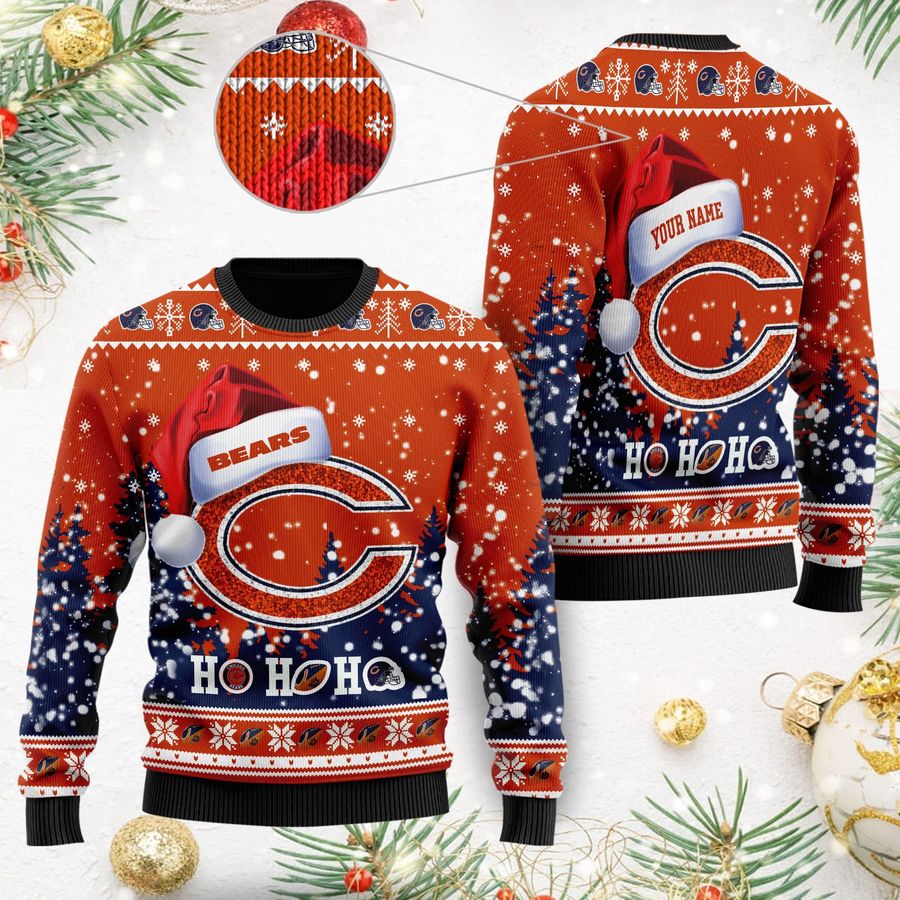 Chicago Bears Symbol Wearing Santa Claus Hat Ho Ho Ho Custom Personalized Ugly Christmas Sweater, Christmas Sweaters, Hoodie, Sweatshirt, Sweater