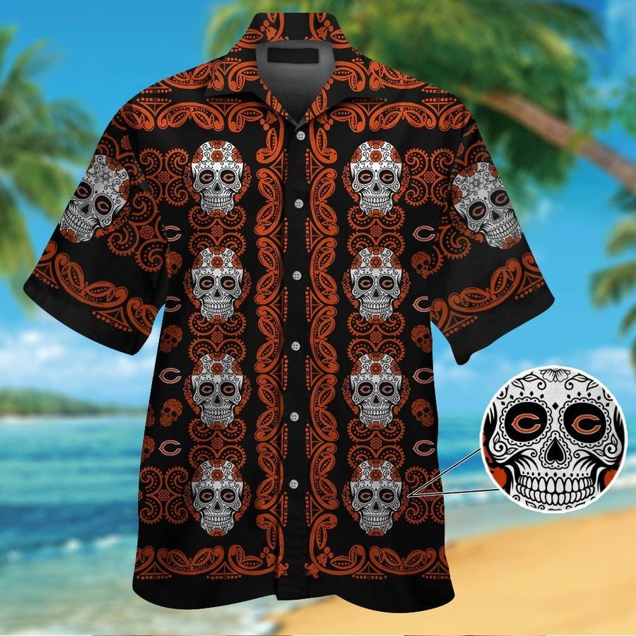 Chicago Bearsskull Short Sleeve Button Up Tropical Aloha Hawaiian Shirts For Men Women