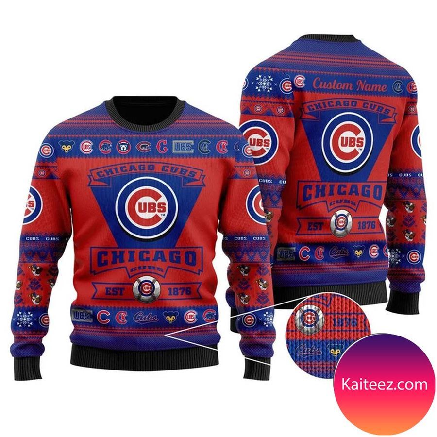 Chicago Cubs Football Team Logo Custom Name Personalized Christmas Ugly Sweater
