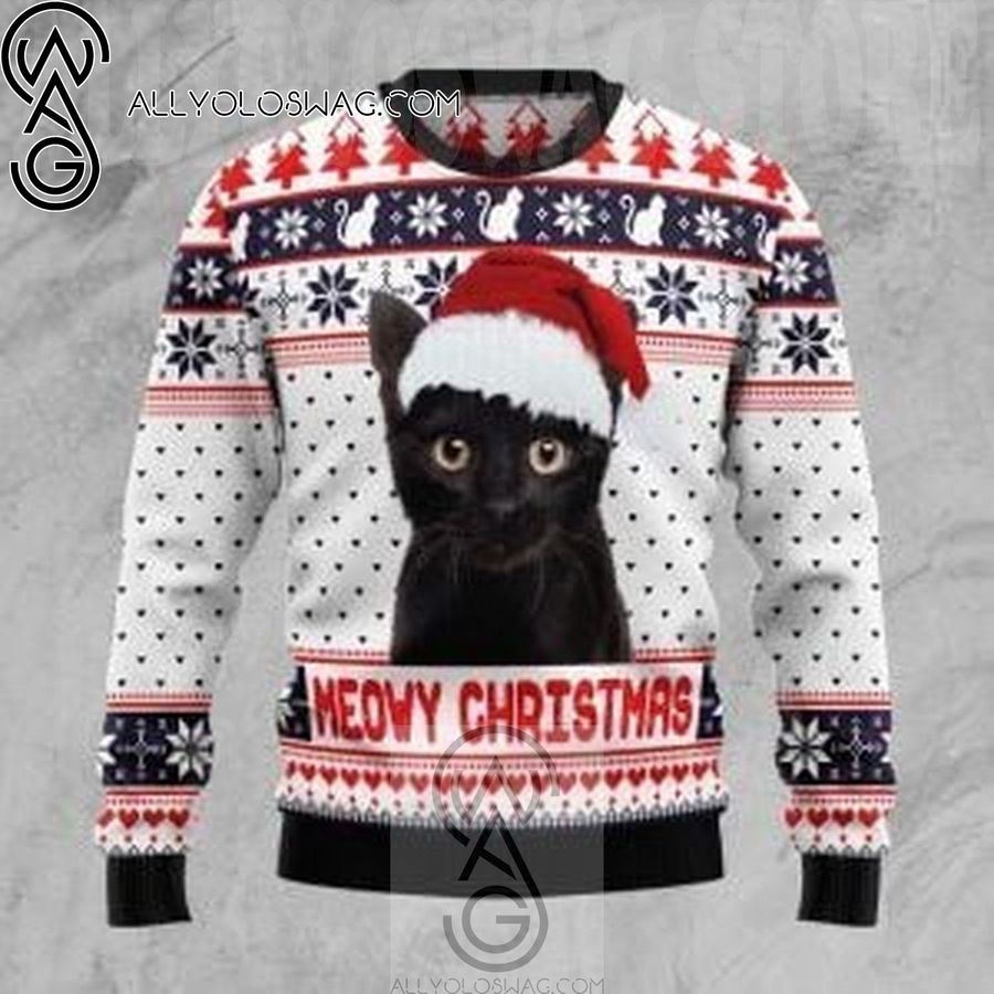 Christmas Black Cat Meowy Christmas Knitting Pattern Ugly Christmas Sweater