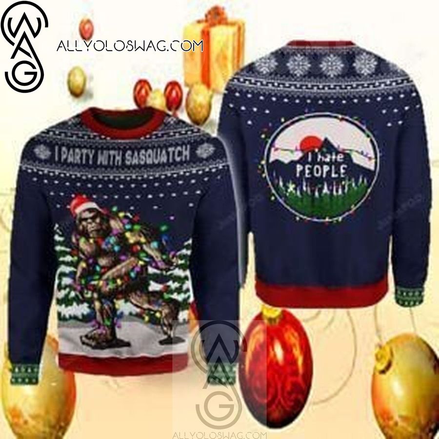 Christmas I Party With Sasquatch Camping Knitting Pattern Ugly Christmas Sweater