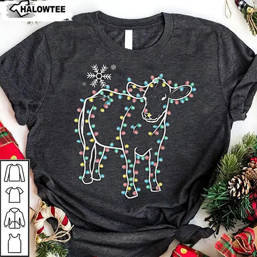 Christmas Light Cow Shirt Cute Cow Lover Unisex Xmas Gift