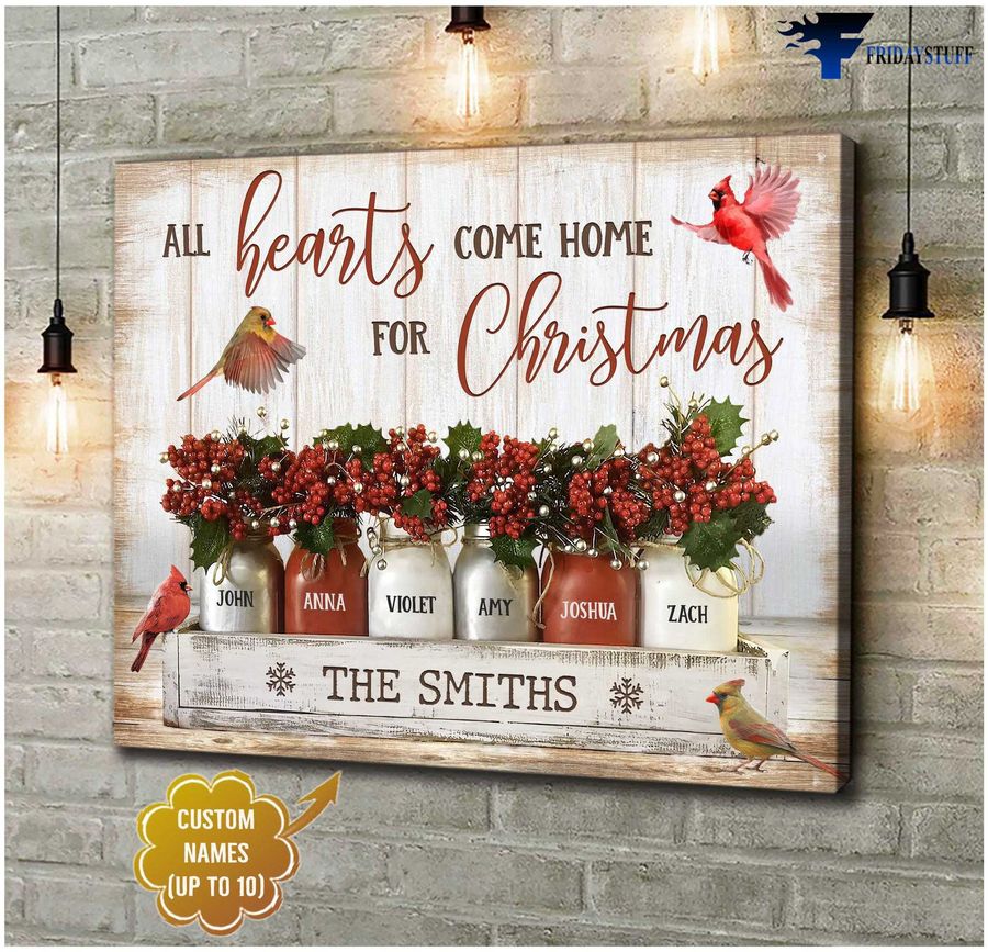 Christmas Poster, Christmas Day, All Hearts Come Home, For Christmas, Cardinal Bird, Family Poster Customized Personalized NAME Poster Home Decor Poster Canvas
