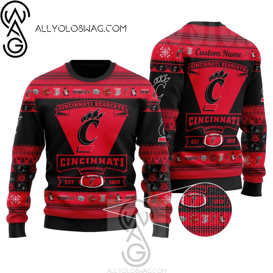 Cincinnati Bearcats Football Team Logo Custom Name Knitting Pattern Ugly Christmas Sweater