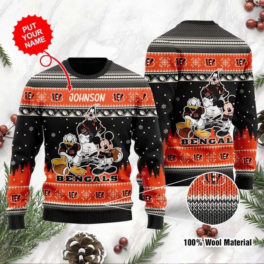 Cincinnati Bengals Disney Donald Duck Mickey Mouse Goofy Personalized Ugly Christmas Sweater, Christmas Sweaters, Hoodie, Sweatshirt, Sweater