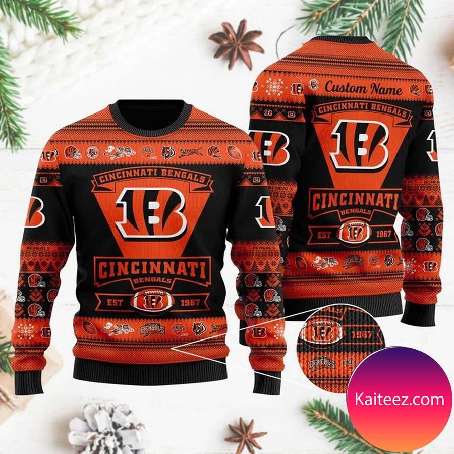 Cincinnati Bengals Football Team Logo Custom Name Personalized Christmas Ugly Sweater