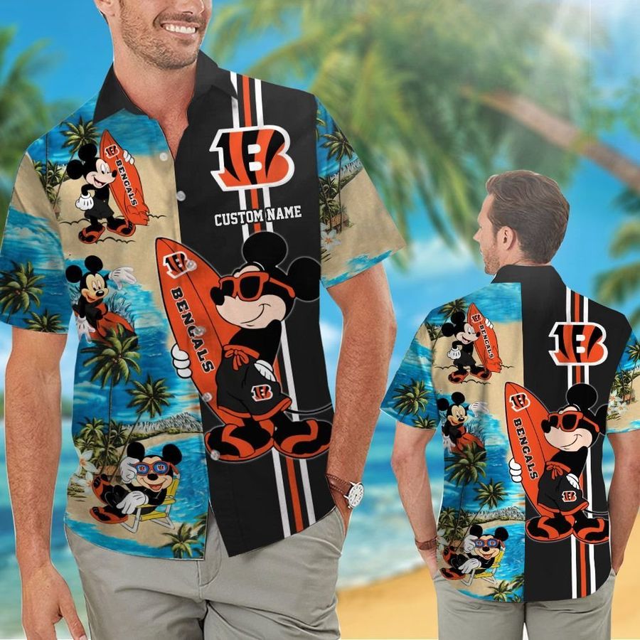 Cincinnati Bengals Mickey Custom Name Short Sleeve Button Up Tropical Aloha Hawaiian Shirts For Men Women