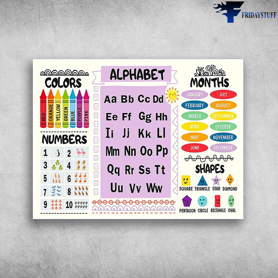 Classroom Poster, Colors, Number, Alphabet, Months, Shapes Poster Home Decor Poster Canvas