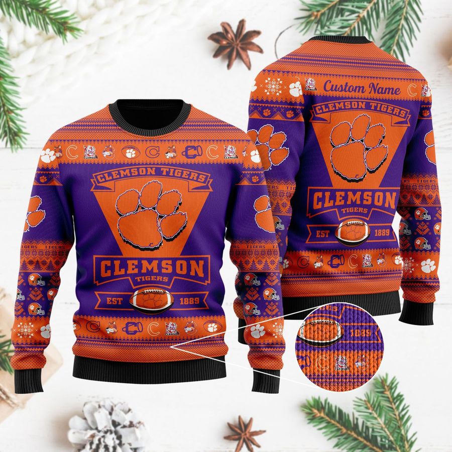 Clemson Tigers Football Team Logo Custom Name Personalized Ugly Christmas Sweater, Ugly Sweater, Christmas Sweaters, Hoodie, Sweatshirt, Sweater