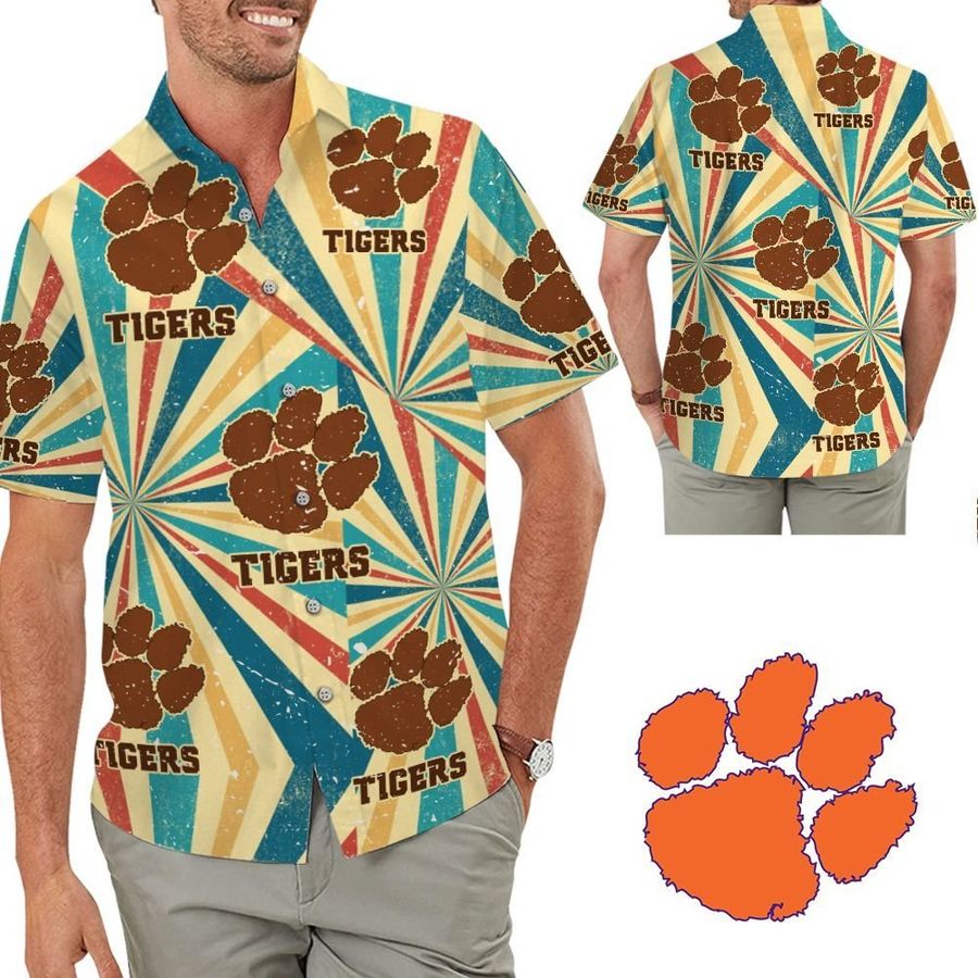 Clemson Tigers Retro Vintage Style Short Sleeve Button Up Tropical Aloha Hawaiian Shirts For Men Women For Trumpeters On Beach Summer Vacation Clemson University