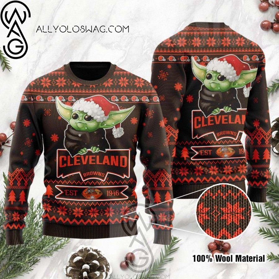 Cleveland Browns And Baby Yoda Holiday Party Knitting Pattern Ugly Christmas Sweater