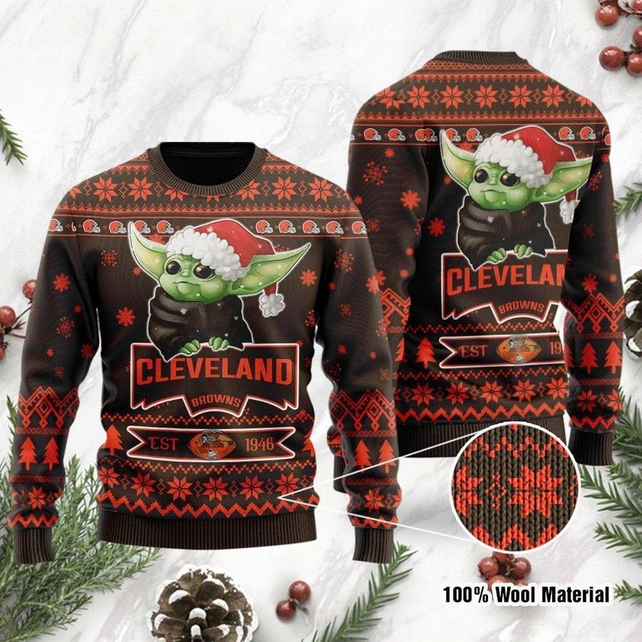 Cleveland Browns Cute Baby Yoda Grogu Ugly Christmas Sweater Ugly