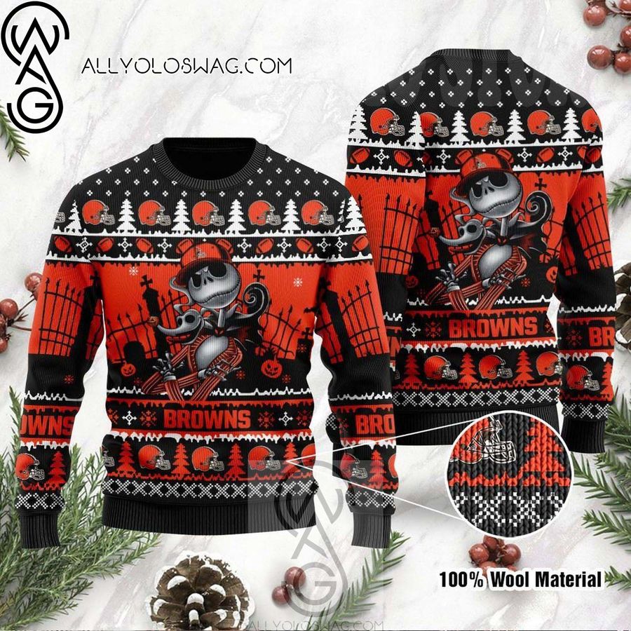 Cleveland Browns Jack Skellington Halloween Holiday Party Knitting Pattern Ugly Christmas Sweater