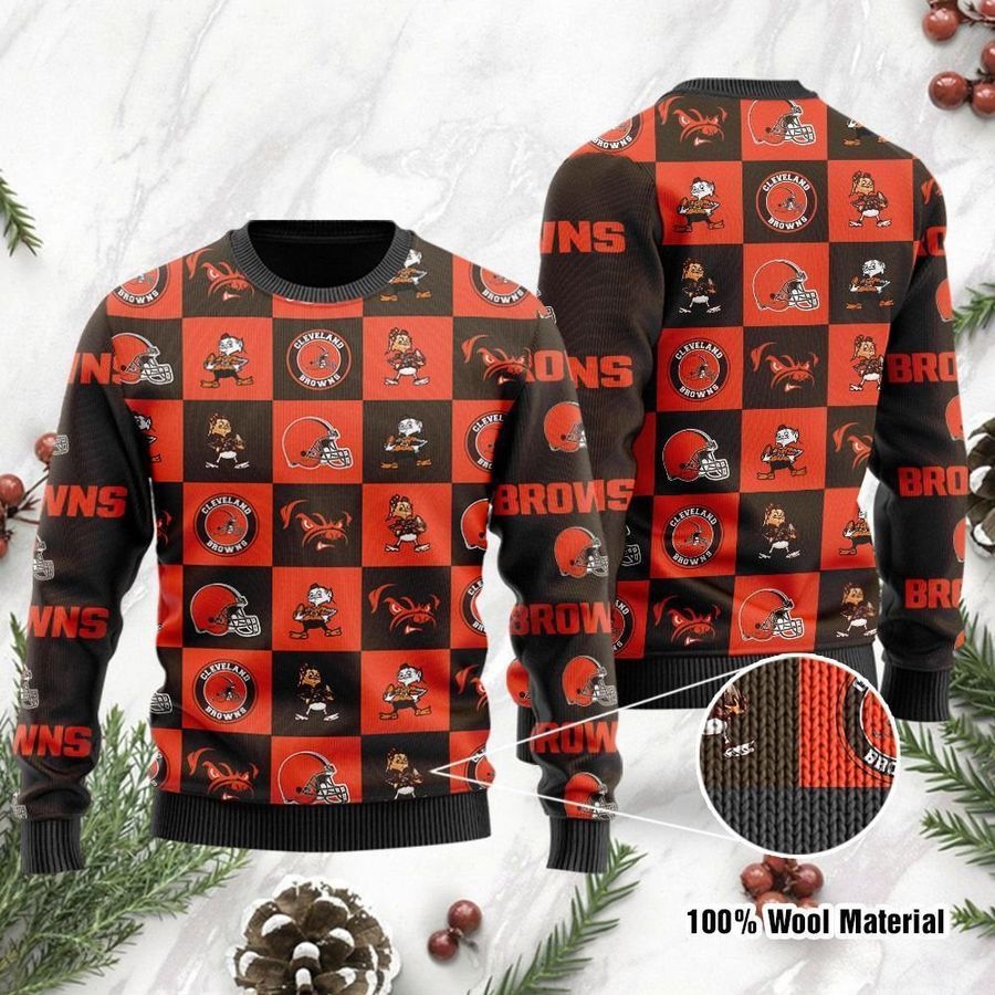 Cleveland Browns Logo Checkered Flannel Design Ugly Christmas Sweater Ugly