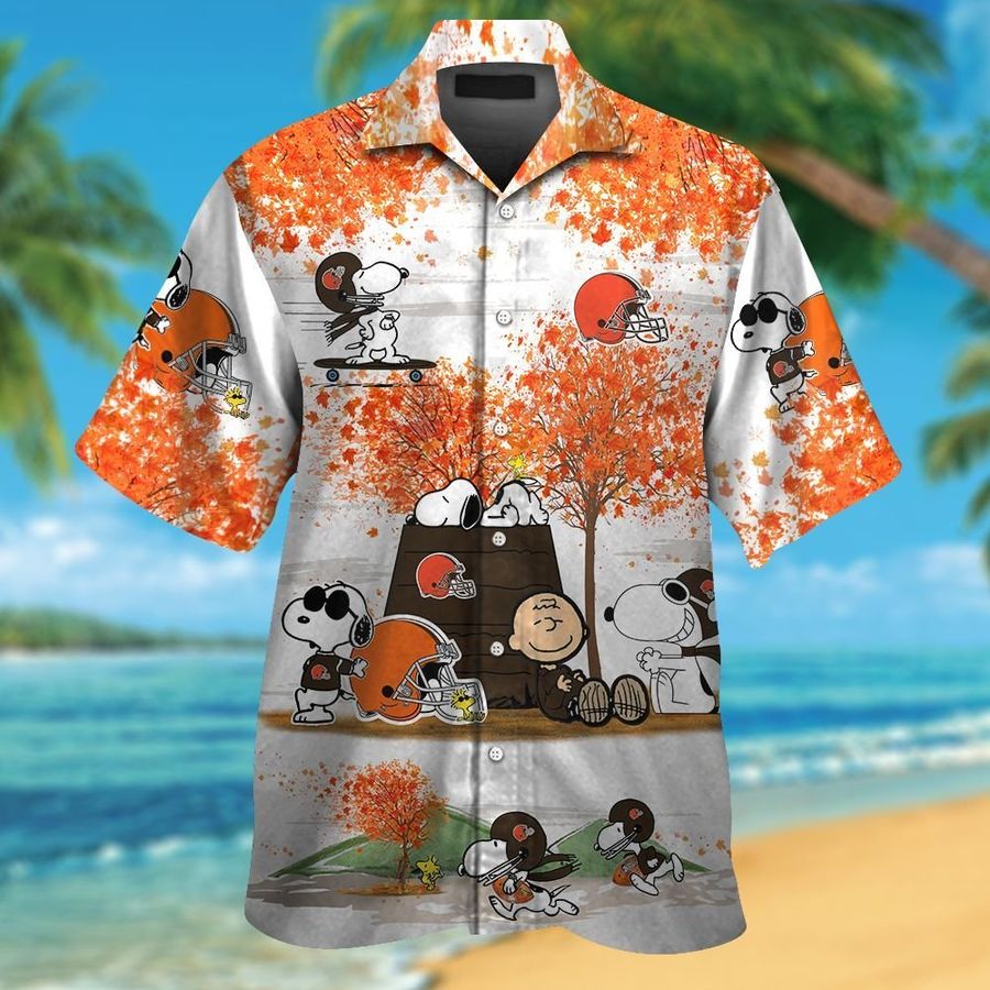 Cleveland Browns Snoopy Autumn Short Sleeve Button Up Tropical Aloha Hawaiian Shirts For Men Women