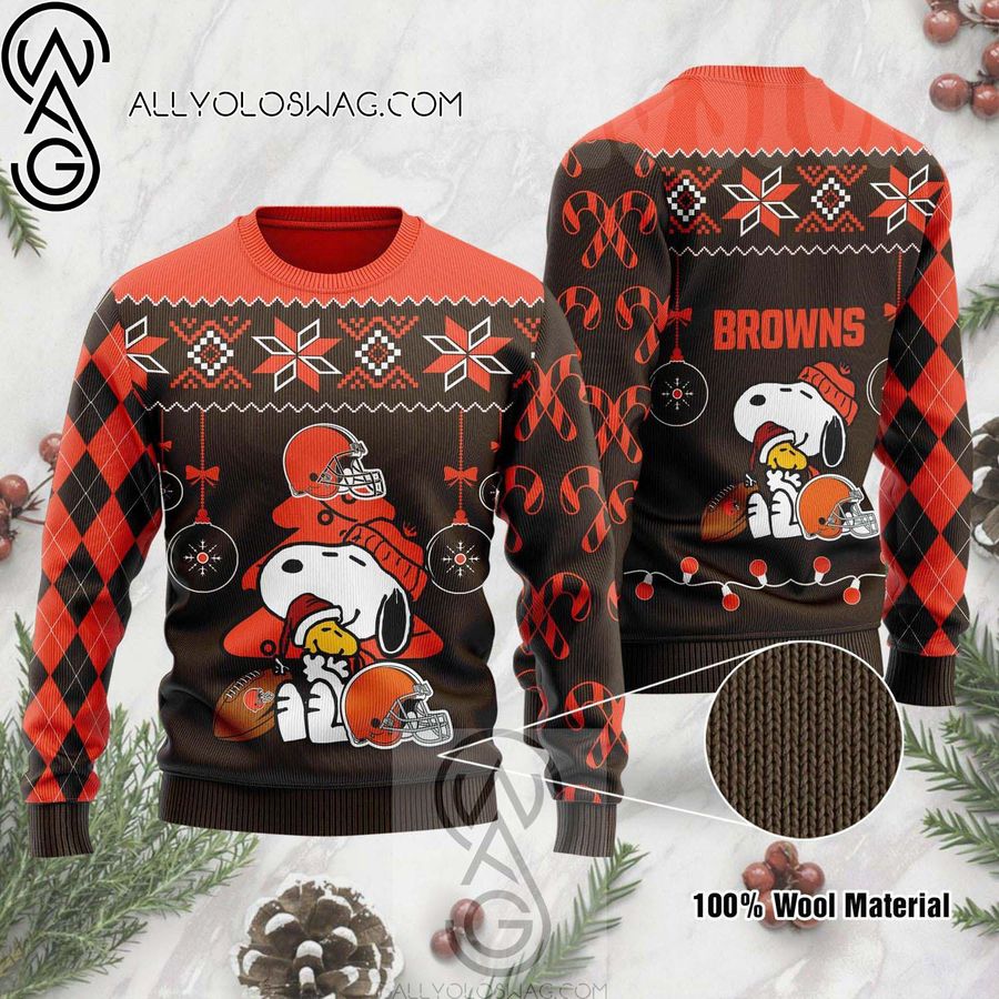 Cleveland Browns The Peanuts Charlie Brown And Snoopy Knitting Pattern Ugly Christmas Sweater