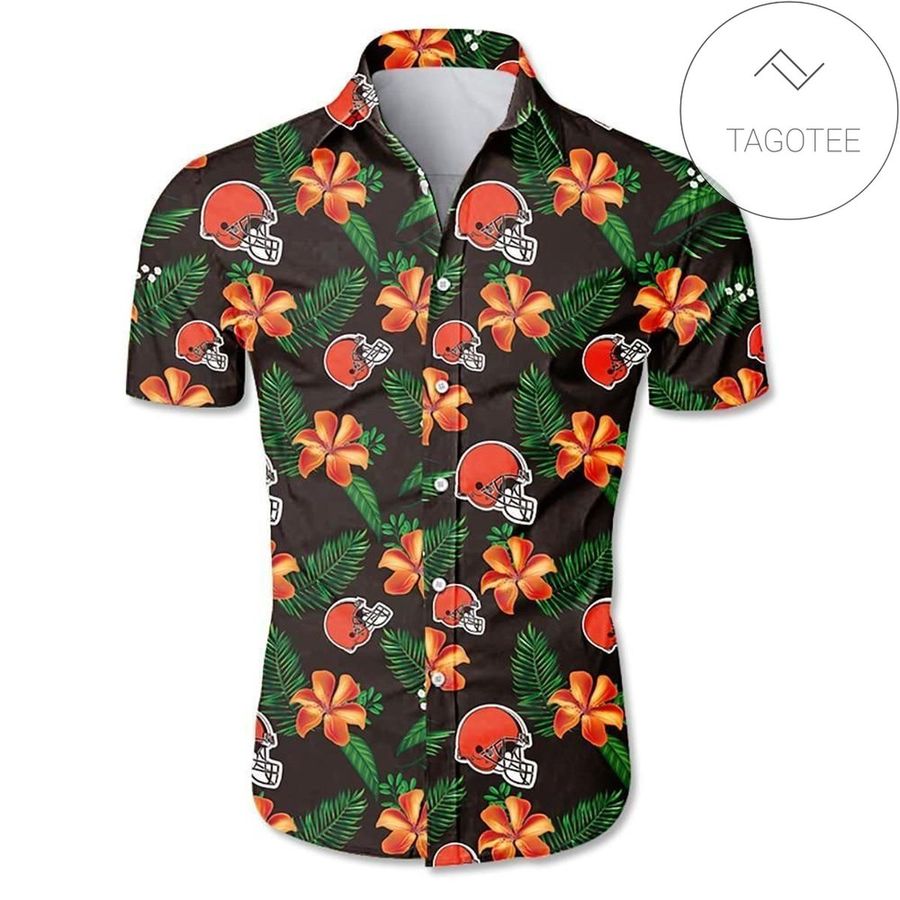 Cleveland Browns Tropical Flower Authentic Hawaiian Shirt 2022 White Men Women Beach Wear Short Sleeve Authentic Hawaiian Shirt 2022