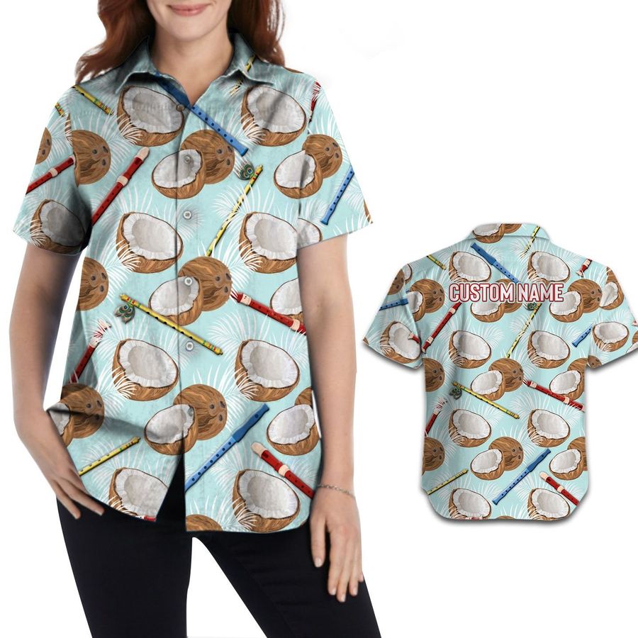 Coconut Pattern Flute Custom Name Women Hawaiian Aloha Beach Button Up Shirt For Fluters On Summer Vacation