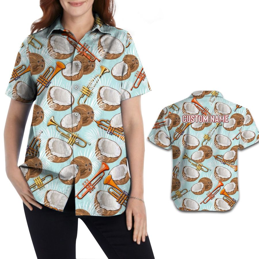 Coconut Pattern Trumpet Custom Name Women Hawaiian Aloha Beach Button Up Shirt For Trumpeters On Summer Vacation