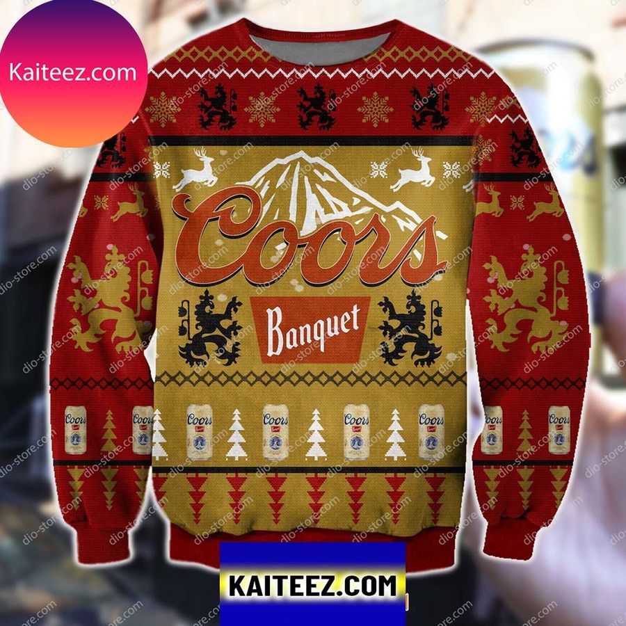 Coors Banquet Beer Yellow &amp Red Knitting Pattern Christmas Ugly  Sweater