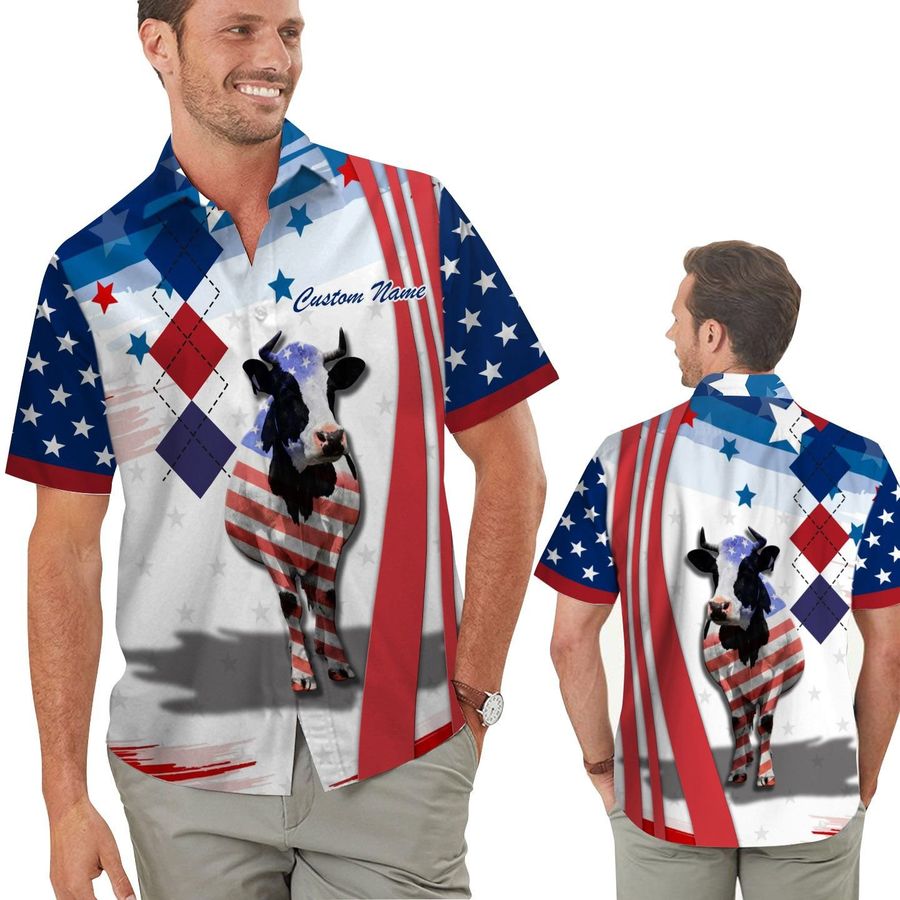 Cow American Flag Independence Day 4th Of July Custom Name Men Hawaiian Shirt