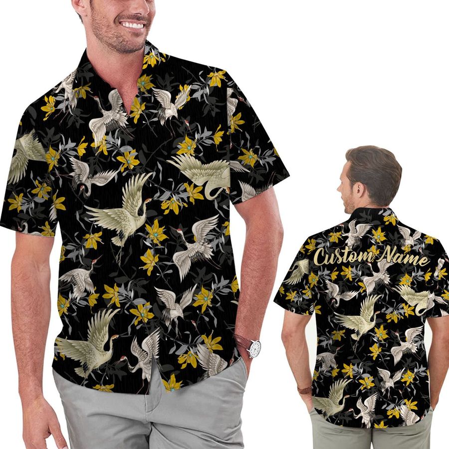 Crane Bird Floral Men Custom Name Hawaiian Aloha Tropical Beach Button Up Shirt For Bird Lovers On Summer Vacation