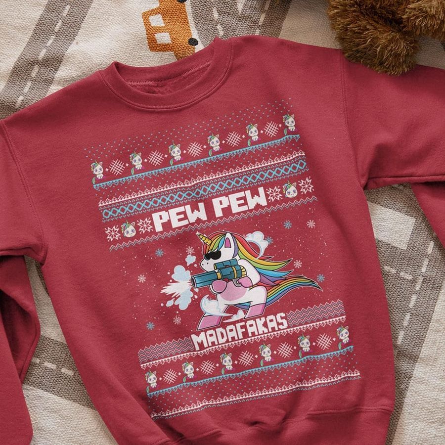 Crazy Unicorn Shooting Ugly Christmas Sweater – Pew pew madafakas