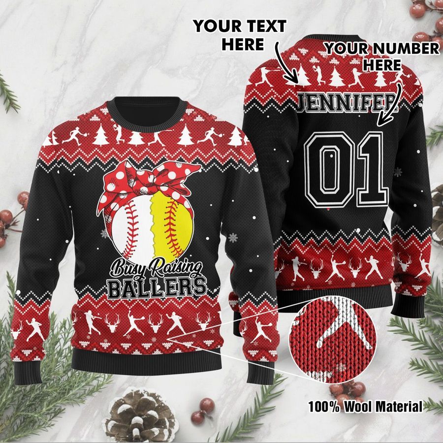 Custom Name And Number Busy Raising Ballers Baseball And Softball Ugly Christmas Sweater