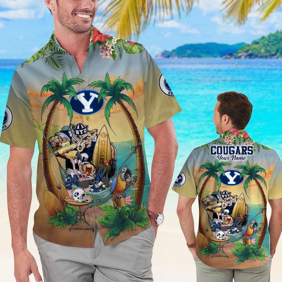 Custom Name Byu Cougars Flamingo Parrot Short Sleeve Button Up Tropical Aloha Hawaiian Shirts For Men Women Brigham Young University
