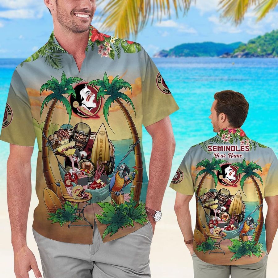 Custom Name Florida State Seminoles Flamingo Parrot Short Sleeve Button Up Tropical Aloha Hawaiian Shirts For Men Women Florida State University
