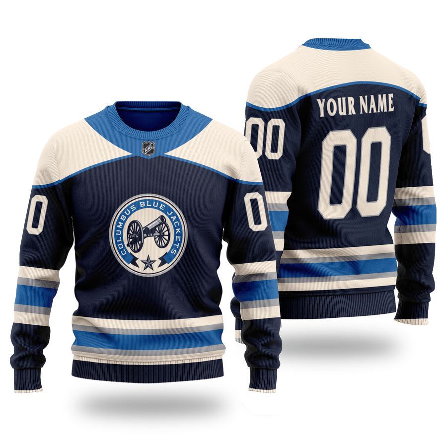 Custom Name Number BLUE JACKETS black and white Sweater