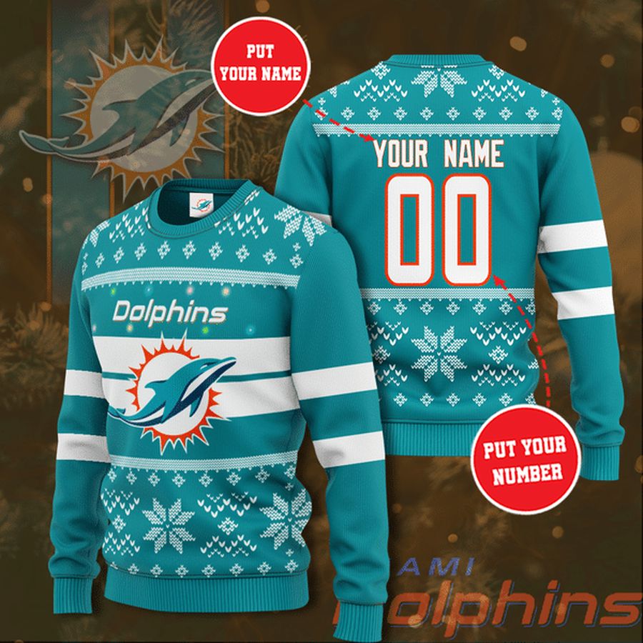 Custom Name Number Miami Dolphins Christmas Sweater