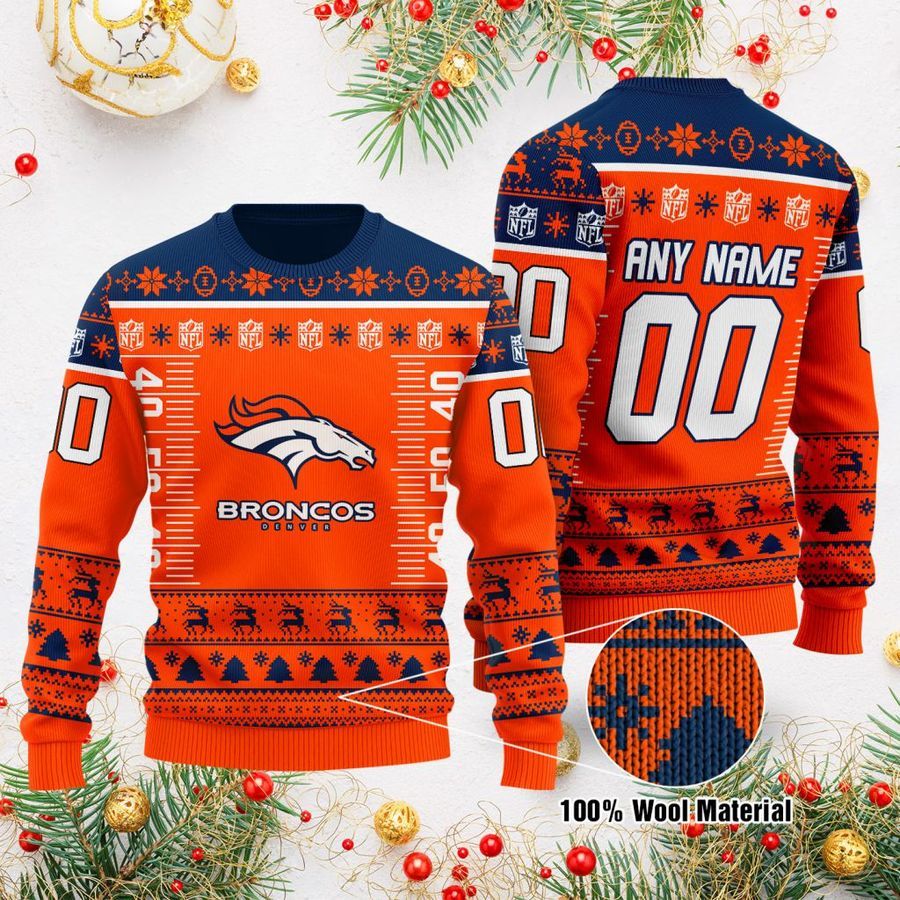 Custom Name Number NFL logo Denver Broncos Ugly Christmas Sweater