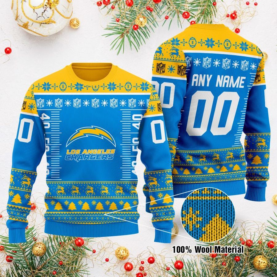 Custom Name Number NFL logo Los Angeles Chargers Ugly Christmas Sweater