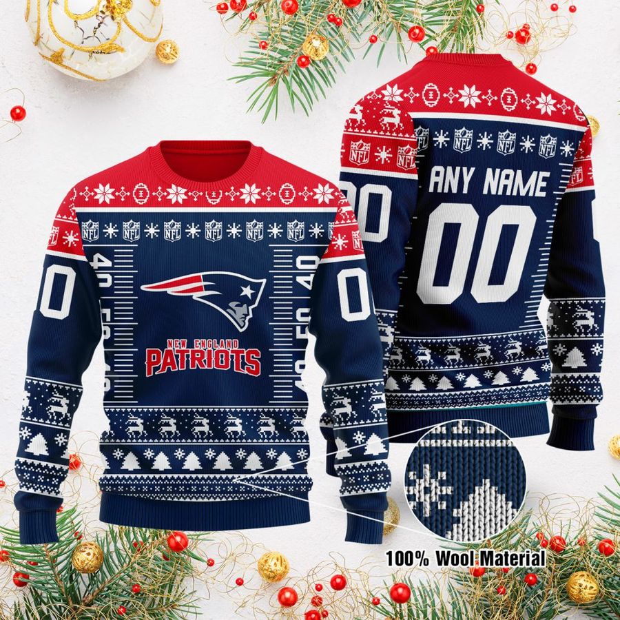 Custom Name Number NFL logo New England Patriots Ugly Christmas Sweater