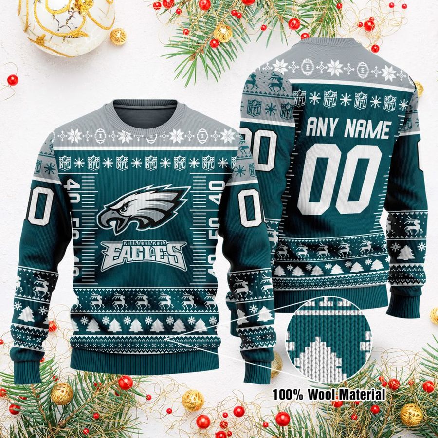 Custom Name Number NFL logo Philadelphia Eagles Ugly Christmas Sweater