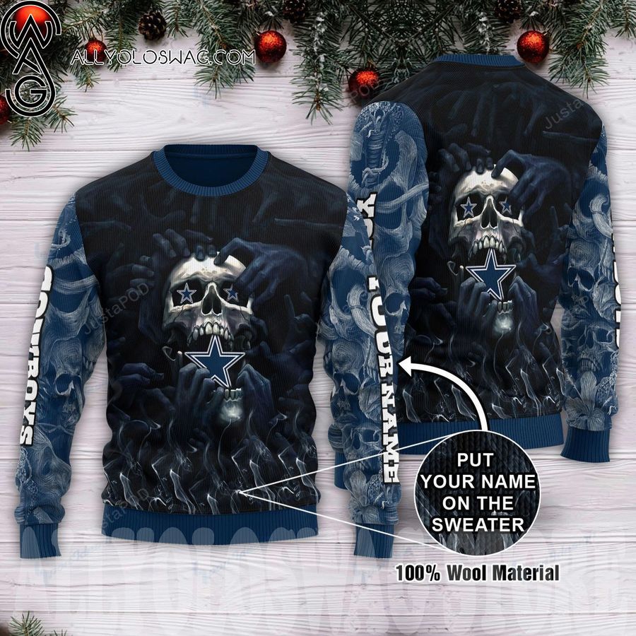 Custom Name Skull Dallas Cowboys Ugly Christmas Sweater